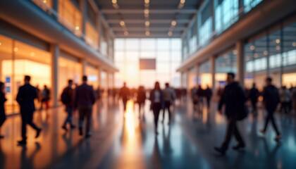 Busy expo hall. Many people walk in large modern building. Business event tradeshow. Interior shot of commercial space. Plenty of people in room. Likely convention international trade expo. Plenty of