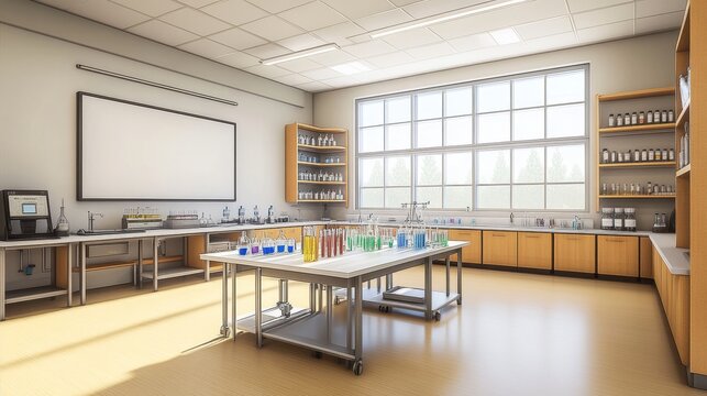 Chemistry classroom interior, vector cartoon illustration. School room with teachers desk, lab experiment equipment, board with formulae on wall, chemicals in bottles on shelves. Science and education