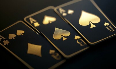 Black gold playing cards for poker, four aces on a dark background. Design template.