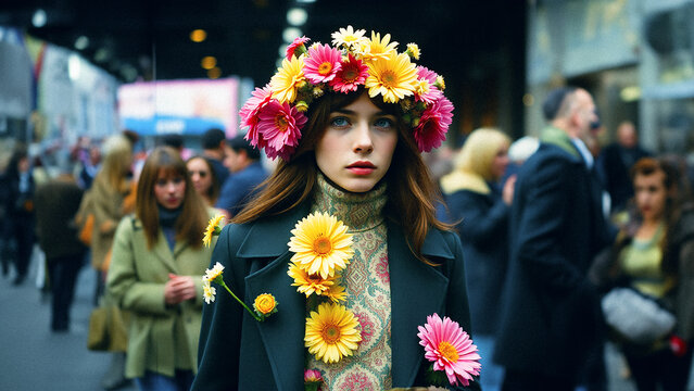 beautiful young women with flowers in her hair and on her clothes on the street
