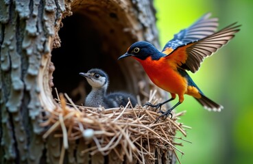 Adult bird returning to nest in tree. Baby bird inside nest. Parent bird protecting offspring. Wildlife scene. Nature detail. Tropical forest. Parental care. Close-up view. Summer day. Outdoor shot.