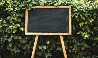 Blackboard is standing on a wooden stand in front of a green bush. The board is empty, and the scene is set in a restaurant or cafe