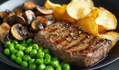 A tasty steak dinner on a black dining table, served with pea pods and crispy potato chips alongside mushrooms.