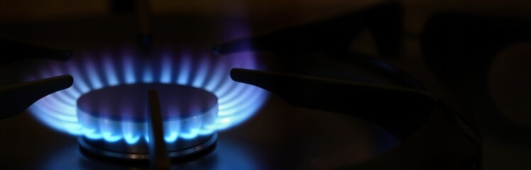 Closeup gas stove burner. Blue flames burn brightly. Dark background. Kitchen scene. Energy source. Cooking equipment. Home appliance. Fuel burning. Heat emission. Modern kitchen. Energy efficiency.