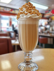 Milkshake topped with whipped cream and nuts in a diner