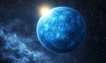 Obraz premium Blue and white planet with a sun shining on it. The sun is in the middle of the image and is the brightest spot.