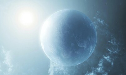Blue and white planet with a sun shining on it. The sun is in the middle of the image and is the brightest spot.