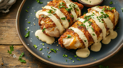 Grilled chicken breasts with creamy sauce on rustic wooden table