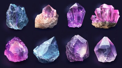Magic crystal light, gem stones of purple or pink colors, faceted and rough glowing rocks, isolated crystalline mineral. Jewelry precious or semiprecious gemstones, Realistic 3d vector icons set