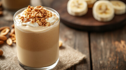 Banana smoothie with whipped cream and granola on wooden table
