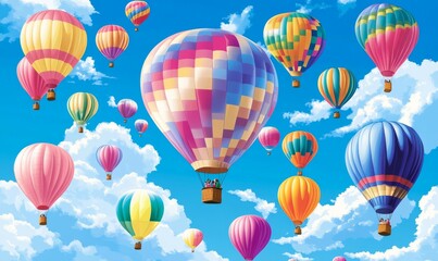 Fototapeta premium A whimsical scene of colorful helium balloons flying high in the sky, often associated with joyous celebrations and events.
