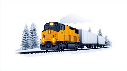 Yellow freight train on snowy tracks with trees in background. winter transportation and logistics concept