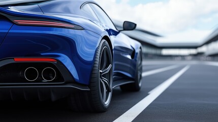 Rear view of a sleek blue sports car parked on a racetrack. modern automotive performance and luxury