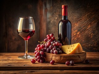 Still Life Photography: Red Wine, Grapes & Cheese on Rustic Wood