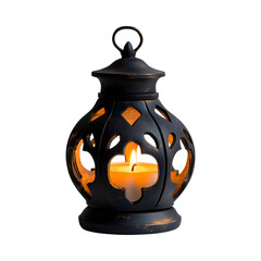 Black Lantern-shaped Tea Light Holder with Lit Candle Isolated on Transparent Background