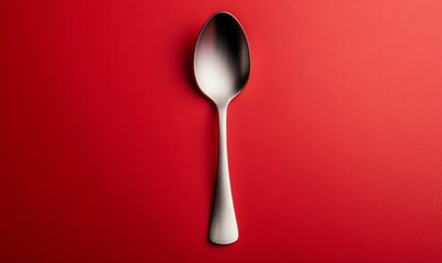 A single, silver spoon is placed against a red background with a simple and clean design.