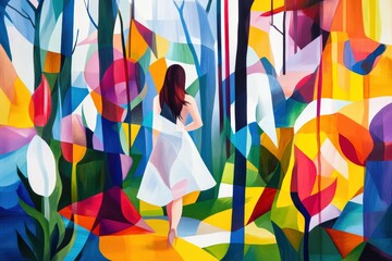 Abstract painting of woman walking in colorful forest celebrating Women's Day concept, vibrant colors symbolizing femininity and empowerment
