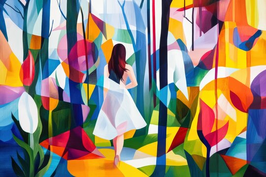Abstract painting of woman walking in colorful forest celebrating Women's Day concept, vibrant colors symbolizing femininity and empowerment