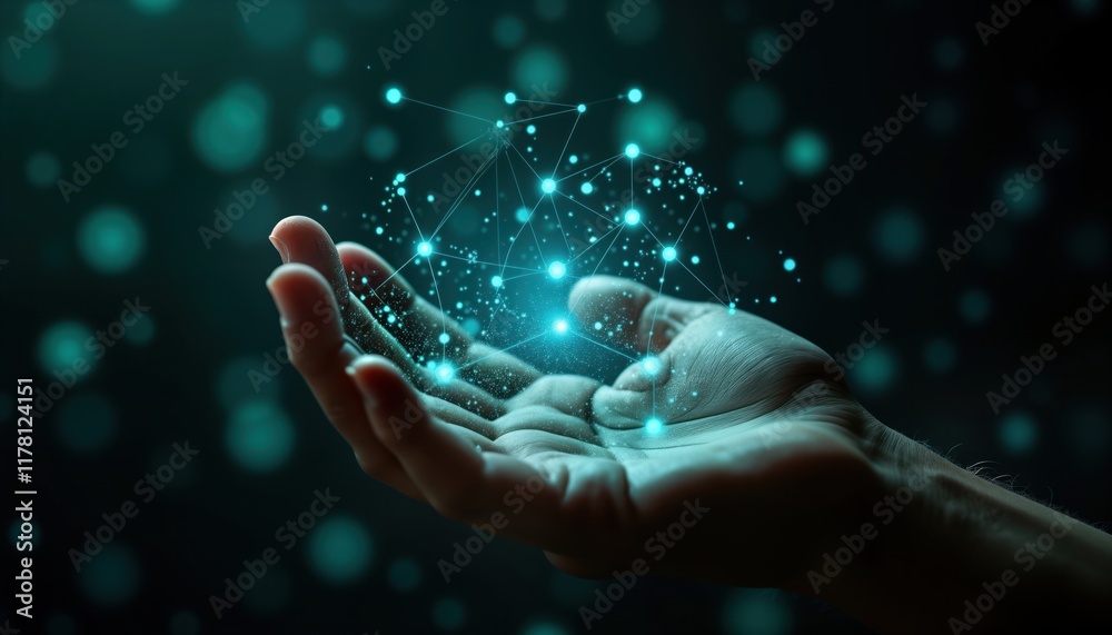 Poster Hand holds network data connections. Tech progress seen as digital innovation. Future tech concepts shown. Possible stock photo use cases include tech companies, digital marketing agencies, tech