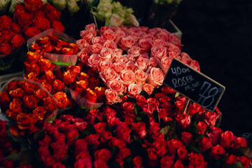 Beautiful assortment of roses at a vibrant flower market 