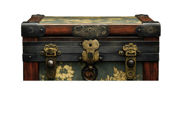 Antique Trunk: Wooden Box with Floral Design, Transparent Background