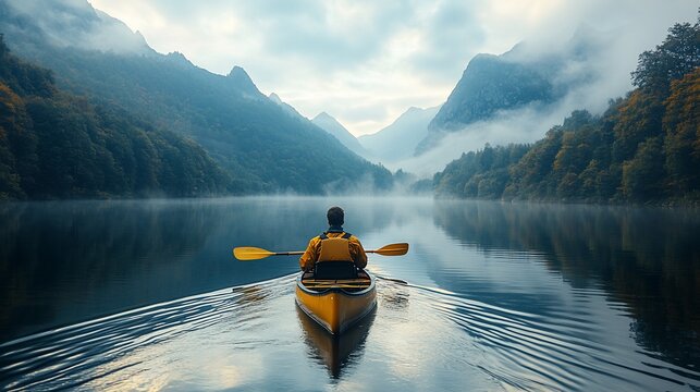 Solo Kayaker Paddling Through Misty Mountain Lake
