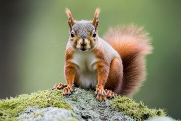 Obraz premium A small mammal sits on a rock with moss and lichen growth, surrounded by natural scenery