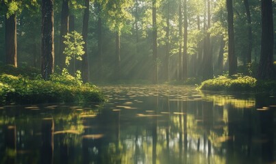 Obraz premium A tranquil scene at a forest lake with clear reflections and trees around it, inviting for nature lovers and outdoor enthusiasts.