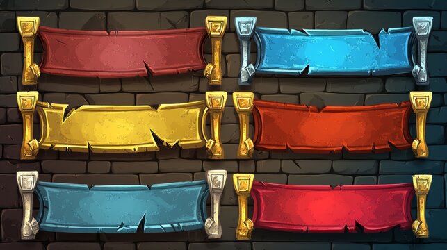 Medieval game menu frames, ui elements, buttons, gold, silver and red banners with ornate rims. Empty royal gui bars for rpg or arcade, borders, web design interface Cartoon 2d vector illustration set