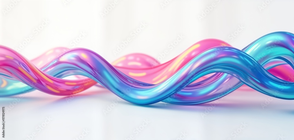 Poster Abstract iridescent wave shapes in vibrant colours. Fluid flowing forms create dynamic curves. Modern minimalist design. 3D rendering. Generative AI. Trendy, bright colors. Holographic effect. Shiny