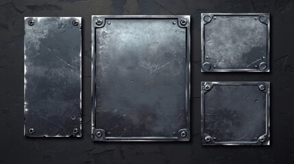 Black metal labels set isolated on background. Vector realistic illustration of blank square and rectangular stainless steel frames, grungy aluminum plaques with scratches and rivets, game ui elements