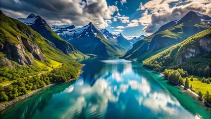 Fototapeta premium Stunning Aerial View of a Norwegian Fjord, Dramatic Landscape Photography