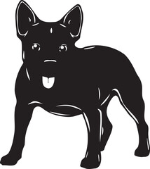 French bulldog silhouette front view with tongue out. Cute black cartoon dog vector with simple white details, isolated on white background for logos, stickers and pet designs