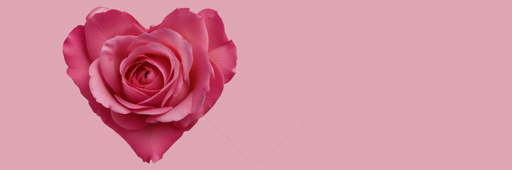 Fototapeta premium Heart shape created with pink rose petals on light pink background for romantic decoration or celebration, valentine's day. For banners, wallpaper, greeting. Copy space. 