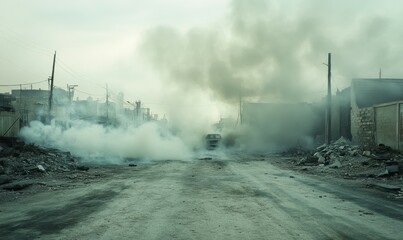 Abandoned city streets filled with smoke and rubble, evoking despair