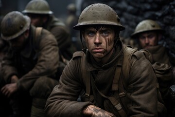 Fototapeta premium British soldiers in a World War I trench enduring harsh conditions while preparing for the next battle, showcasing their resilience and camaraderie on the front line