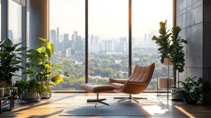 Fototapeta premium Living room interior with large panoramic windows and megalopolis cityscape. Modern apartment with city skyline view, cozy armchair, plants and furniture, home design, Cartoon vector illustration