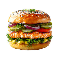 Lemon Dill Salmon Burger Sandwich Isolated on Transparent Background
