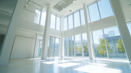 Fototapeta premium Empty office with large windows on ceiling and floor. Room interior in white colors. Internal structure of modern city architecture, inner design project visualization Realistic 3d vector illustration