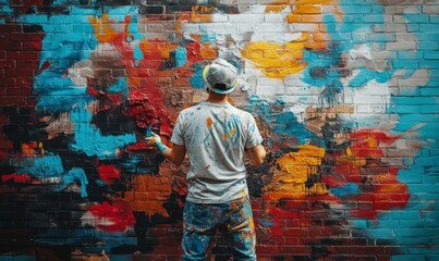 Obraz premium Artist with paint-splattered clothes creating a mural on a brick wall, passion evident in every brushstroke, vibrant colors taking shape,