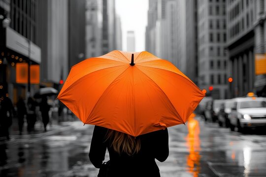 Woman with orange umbrella on rainy urban street highlighting uniqueness on International Women's Day concept