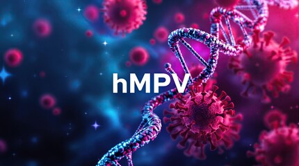 Obraz premium Human Metapneumovirus DNA Double Helix with Large Red hMPV Viral Particles on Vibrant Gradient Background, Futuristic 16:9 Digital Art
