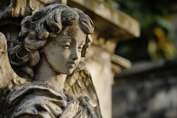 Obraz premium A detailed view of an angel's face and body on a statue