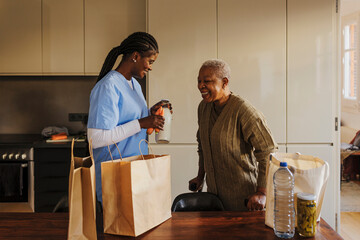 Caregiver bringing groceries and milk bottle to elderly woman