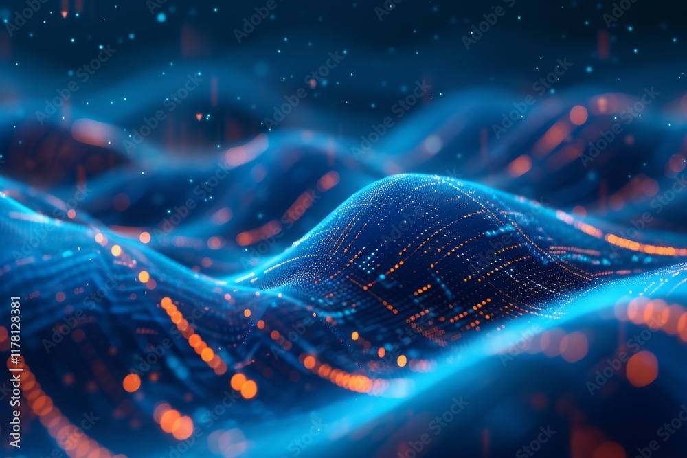 Poster exploring an abstract digital landscape with flowing waves illuminated by glowing lines and particle
