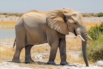 Fototapeta premium An adult elephant stands near the shoreline, with a calm body of water in the background