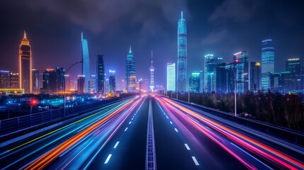 Fototapeta premium Road to night city, empty highway with glowing street lamps and skyline with urban architecture. Megalopolis infrastructure with modern skyscrapers under dark starry sky, Cartoon vector illustration