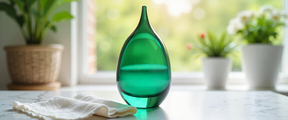 Emerald green teardrop urn on marble table near window
