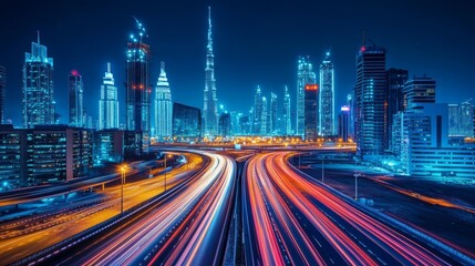 Fototapeta premium Road to night city, empty highway with glowing street lamps and skyline with urban architecture. Megalopolis infrastructure with modern skyscrapers under dark starry sky, Cartoon vector illustration