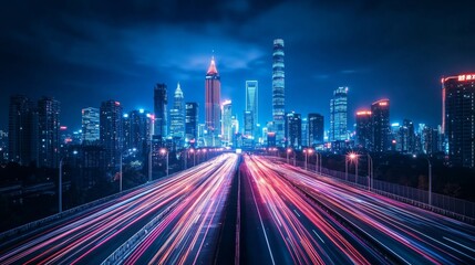 Fototapeta premium Road to night city, empty highway with glowing street lamps and skyline with urban architecture. Megalopolis infrastructure with modern skyscrapers under dark starry sky, Cartoon vector illustration
